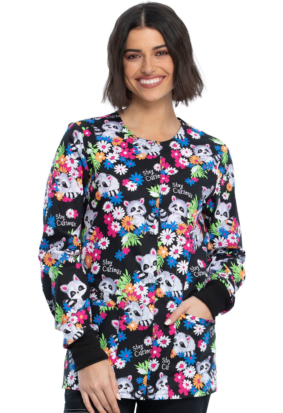 Stay Curious Cherokee Racoon Print Warm Up Scrub Jacket CK301 STCU - Scrubs Select