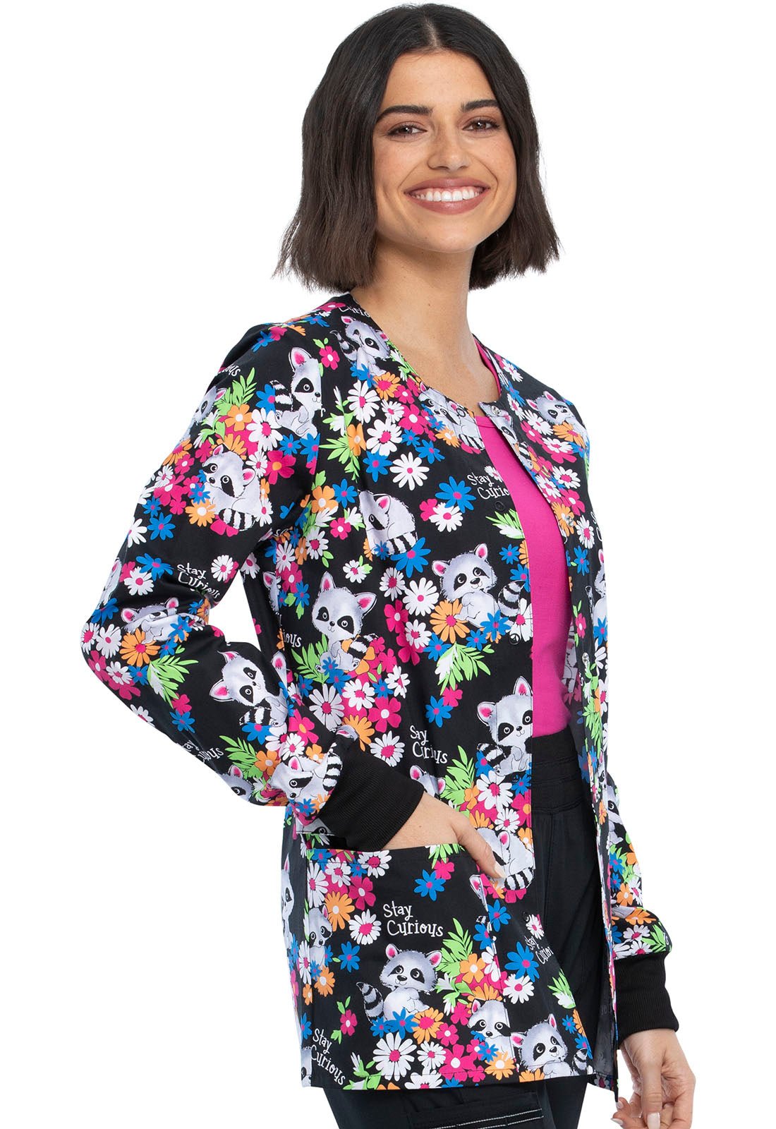 Stay Curious Cherokee Racoon Print Warm Up Scrub Jacket CK301 STCU - Scrubs Select