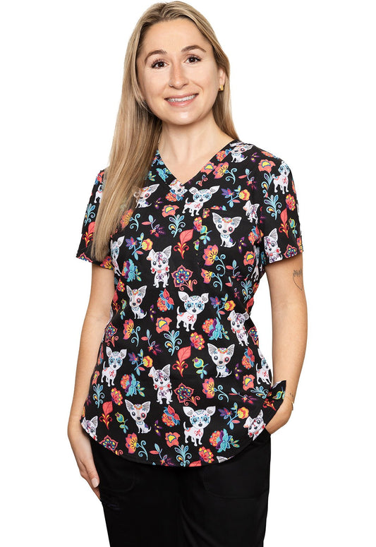 Sugar Skull Pups Cherokee Dog Print Tuckable V Neck Scrub Top CK664 SUKP - Scrubs Select