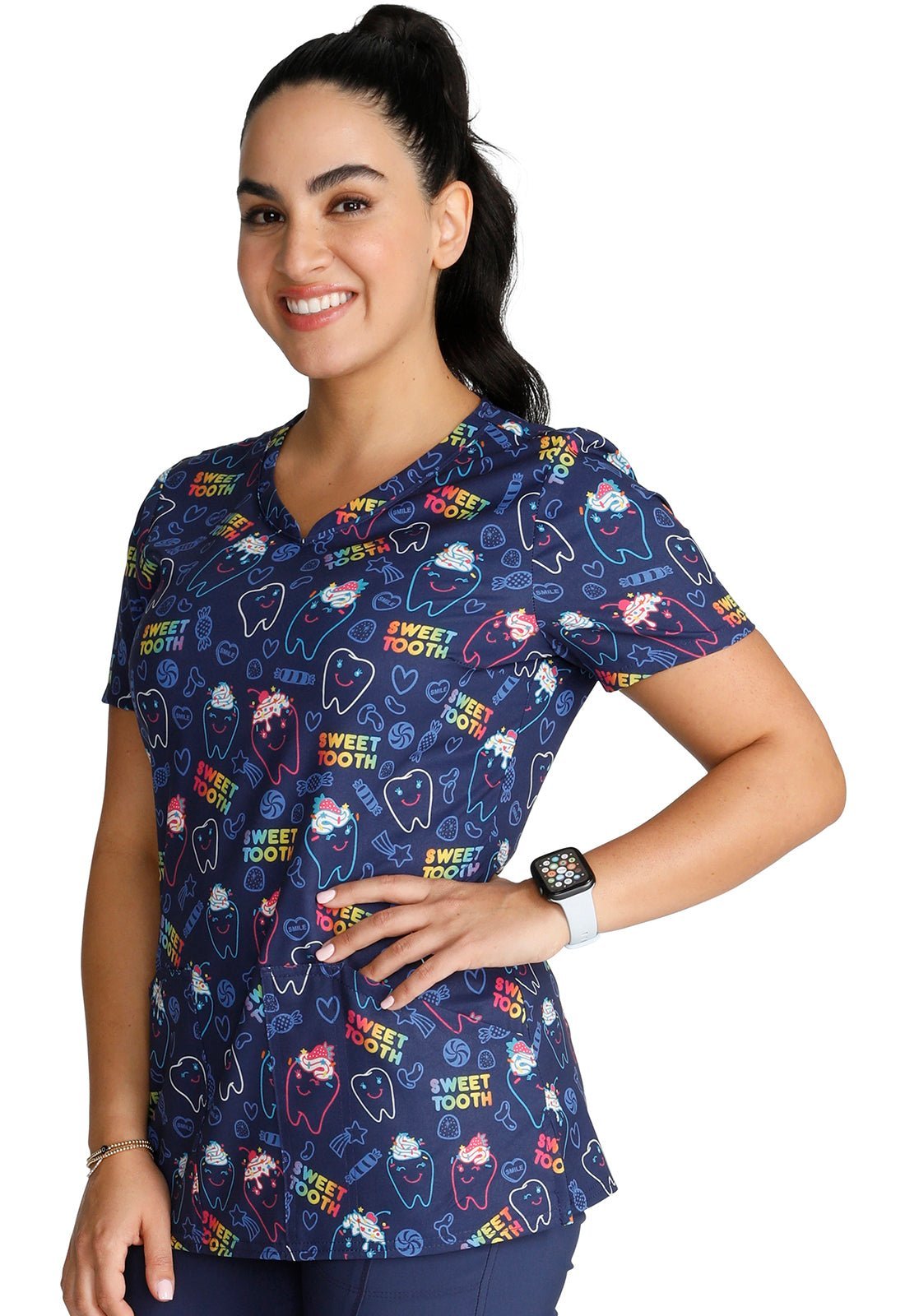 Sweet Tooth Cherokee Dental Print V Neck Scrub Top CK678 SOOH - Scrubs Select