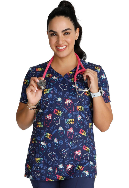 Sweet Tooth Cherokee Dental Print V Neck Scrub Top CK678 SOOH - Scrubs Select