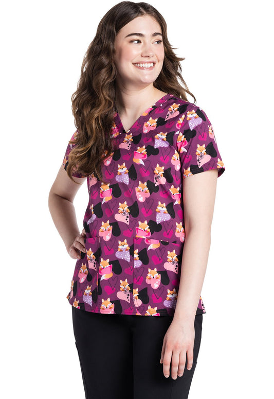 Tails Of Love Cherokee Fox Print V Neck Scrub Top CK671 TALV - Scrubs Select