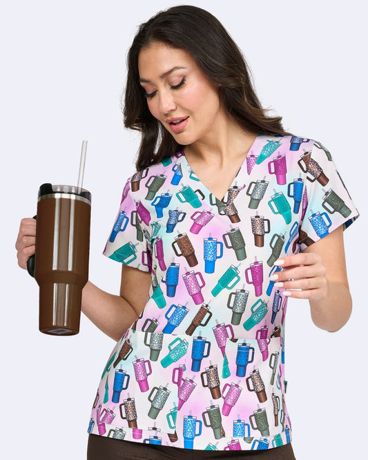 Thirst Quencher Zavate Cup Print Scrubs V Neck Top 1054 THQR - Scrubs Select