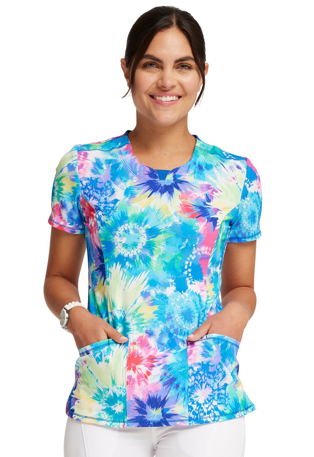 Tie Dye Burst Cherokee Infinity Print Round Neck Scrub Top CK609 TDBR - Scrubs Select