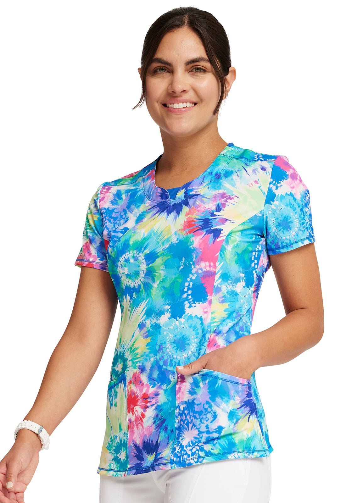 Tie Dye Burst Cherokee Infinity Print Round Neck Scrub Top CK609 TDBR - Scrubs Select