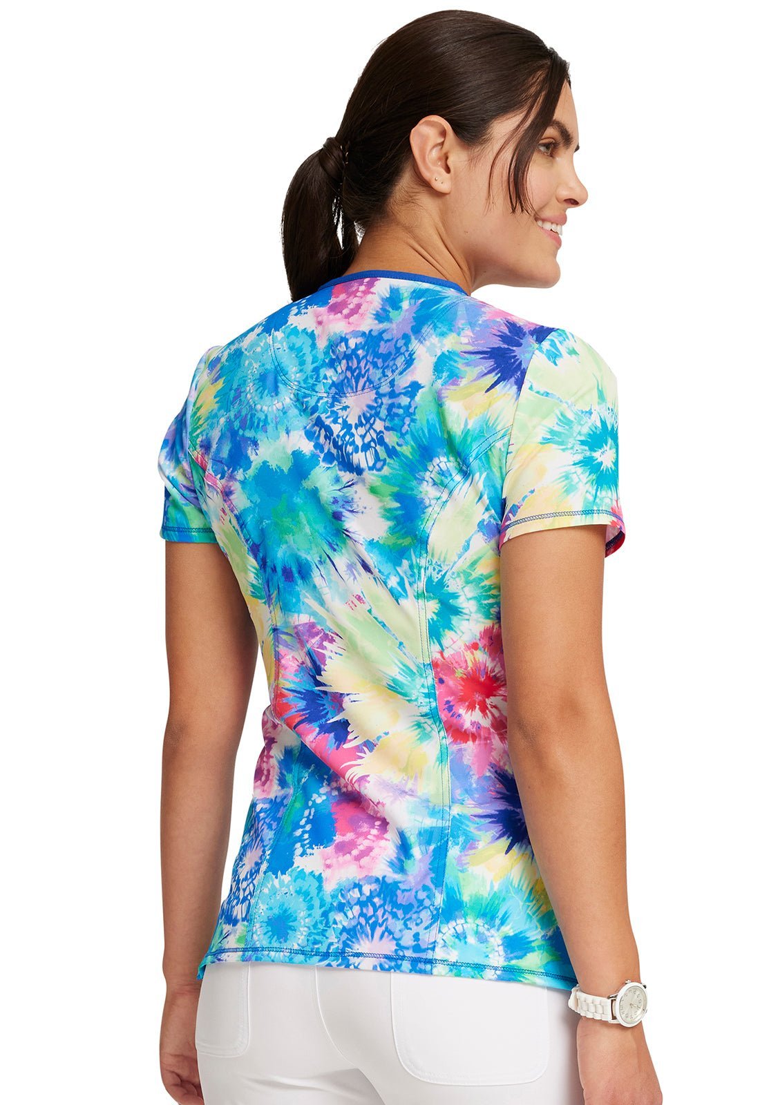 Tie Dye Burst Cherokee Infinity Print Round Neck Scrub Top CK609 TDBR - Scrubs Select