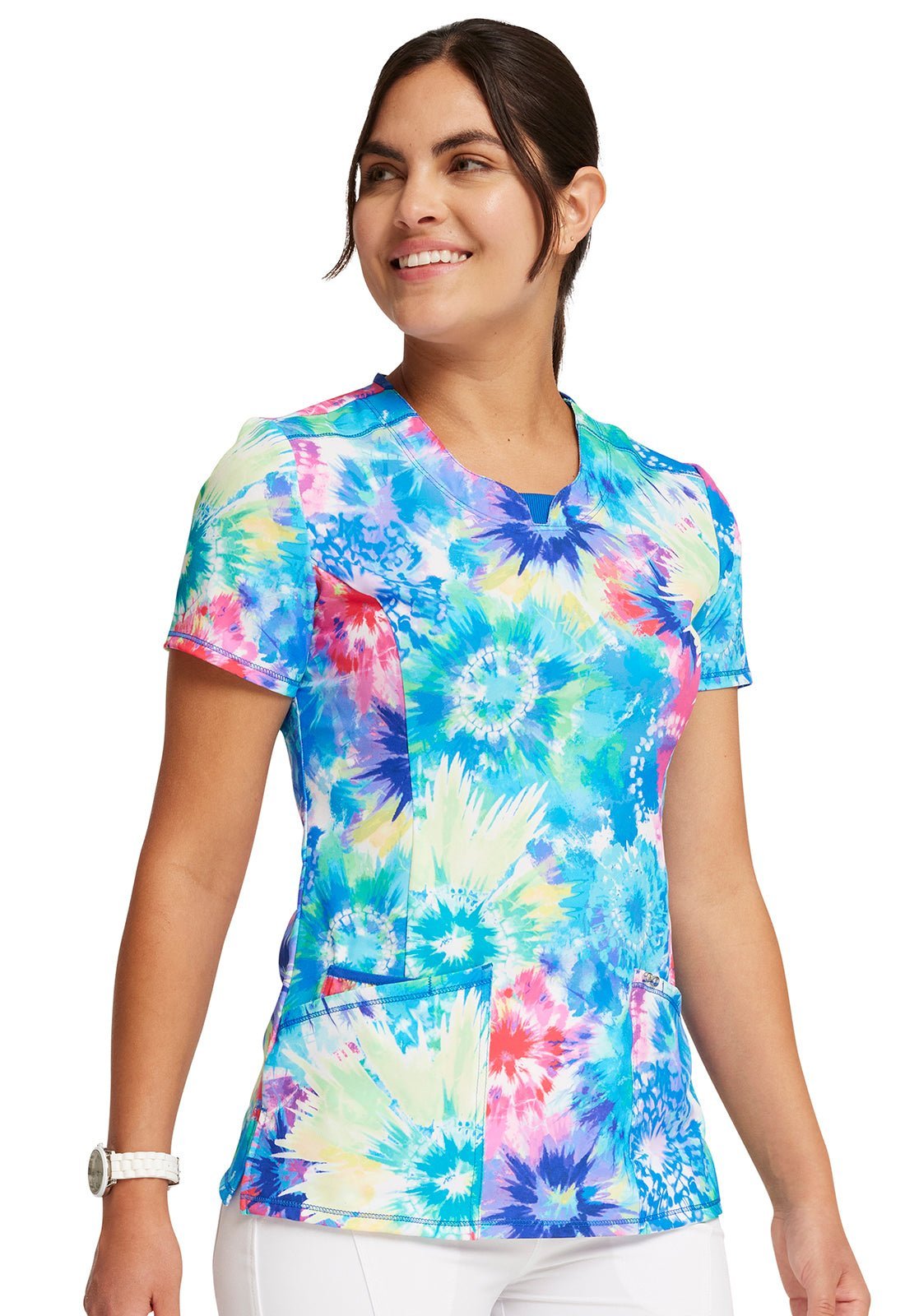 Tie Dye Burst Cherokee Infinity Print Round Neck Scrub Top CK609 TDBR - Scrubs Select