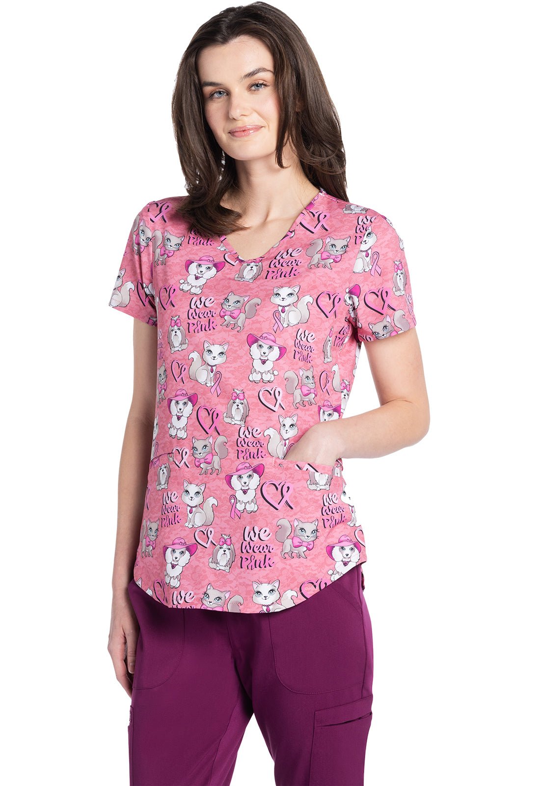 We Wear Pink Cherokee Dog Cat Print V Neck Scrub Top CK637 WWPK - Scrubs Select