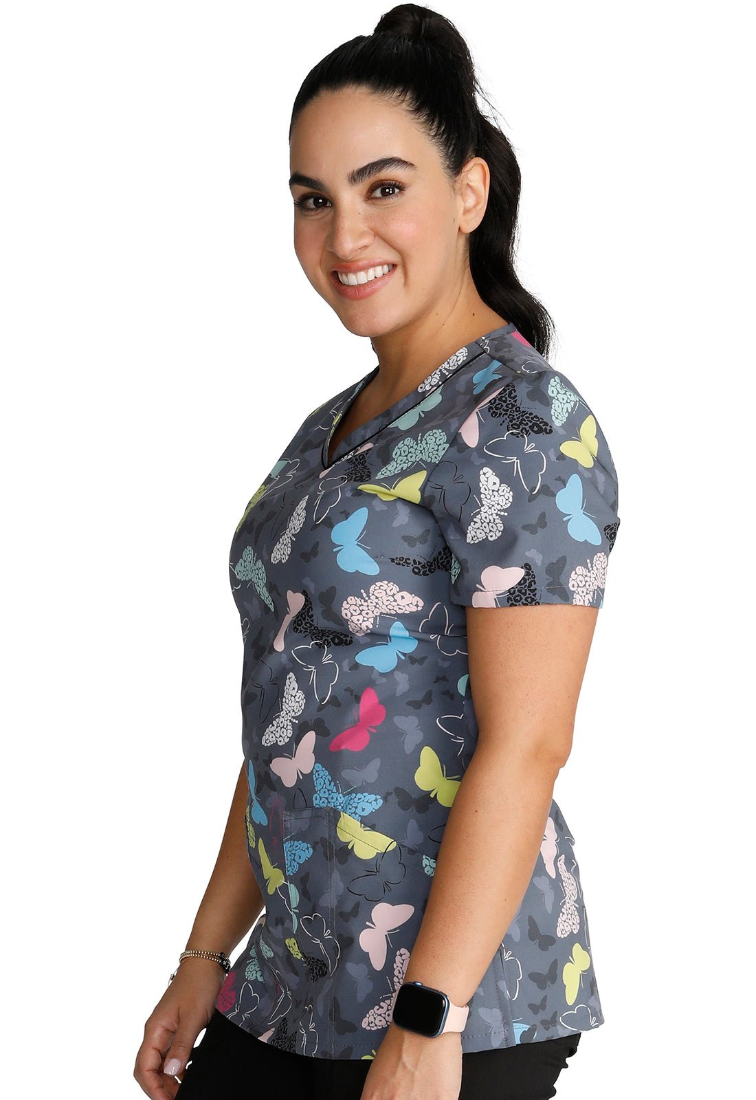 Wing It Up Cherokee Butterfly Print V Neck Scrub Top CK678 WGIP - Scrubs Select