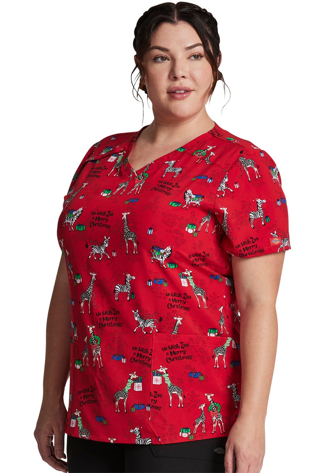 Zoo Christmas Dickies EDS Print V Neck Scrub Top DK616 WZMC - Scrubs Select