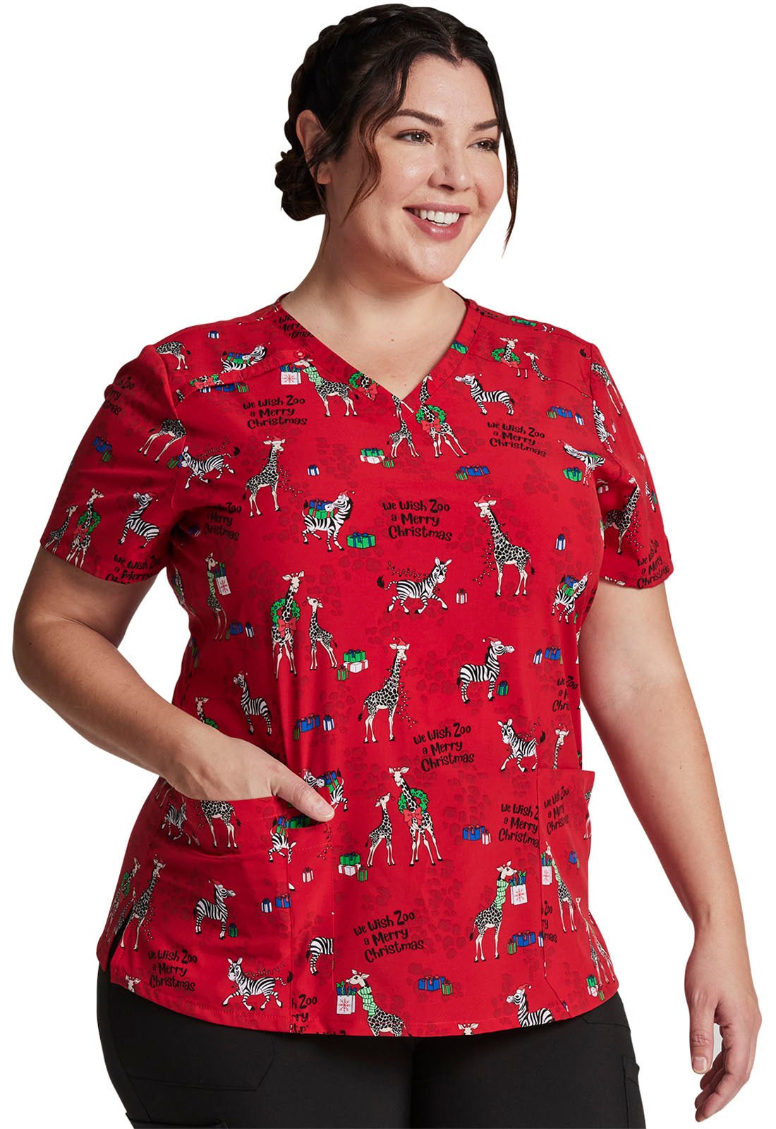 Zoo Christmas Dickies EDS Print V Neck Scrub Top DK616 WZMC - Scrubs Select