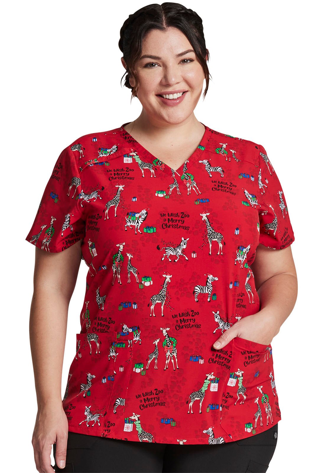 Zoo Christmas Dickies EDS Print V Neck Scrub Top DK616 WZMC - Scrubs Select