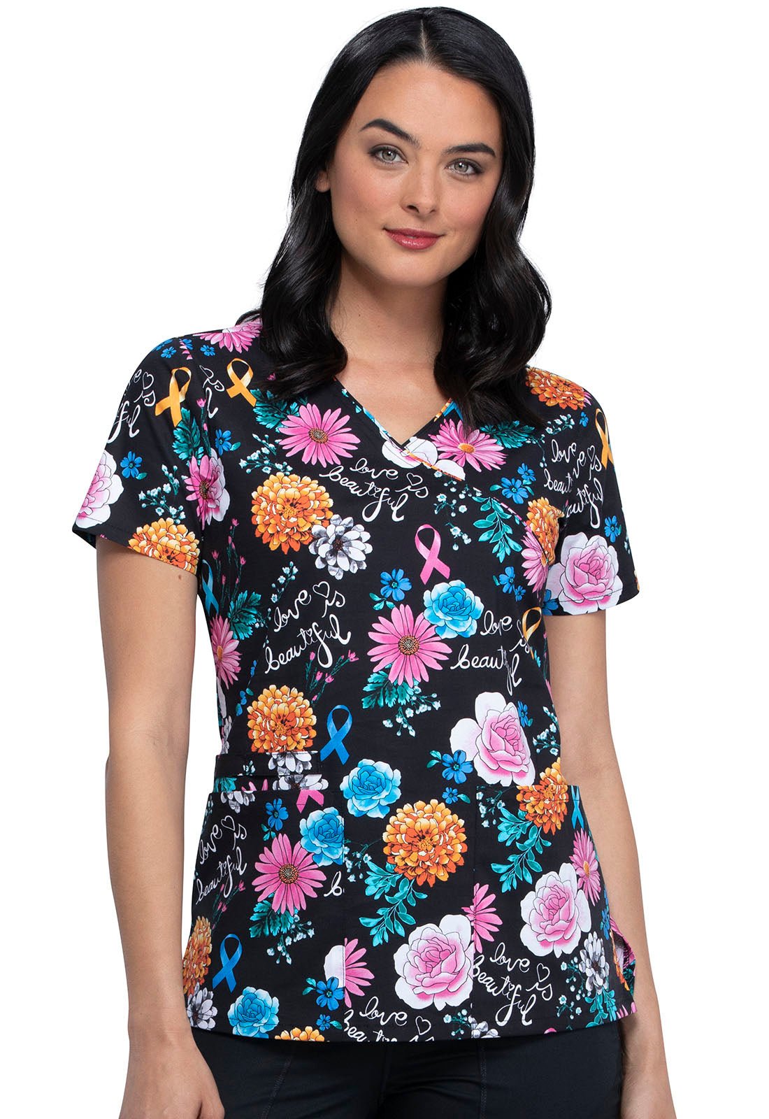 All Awareness Print Mock Wrap Scrub Top CK614 LVBA - Scrubs Select