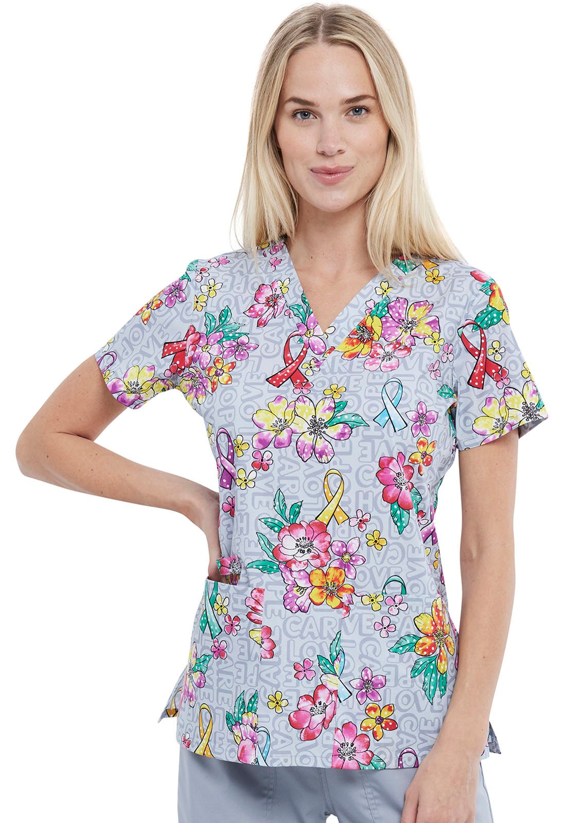 All Awareness Print V Neck Scrub Top CK616 FFOW - Scrubs Select