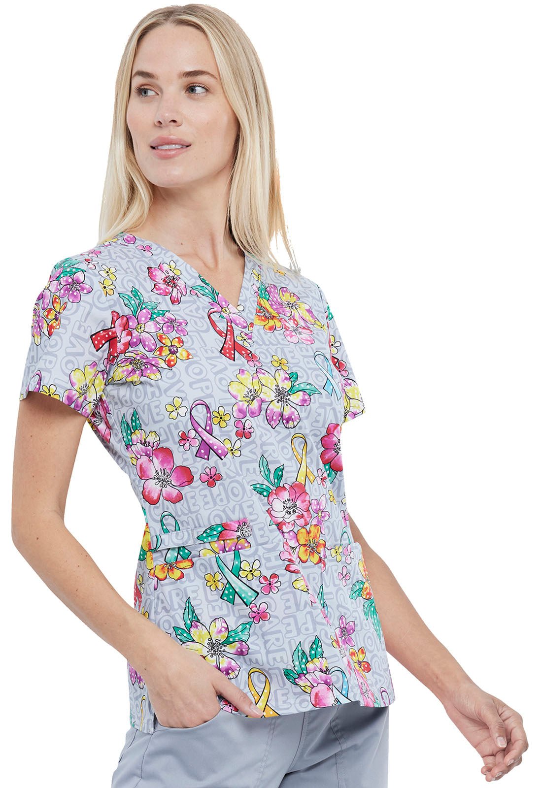 All Awareness Print V Neck Scrub Top CK616 FFOW - Scrubs Select