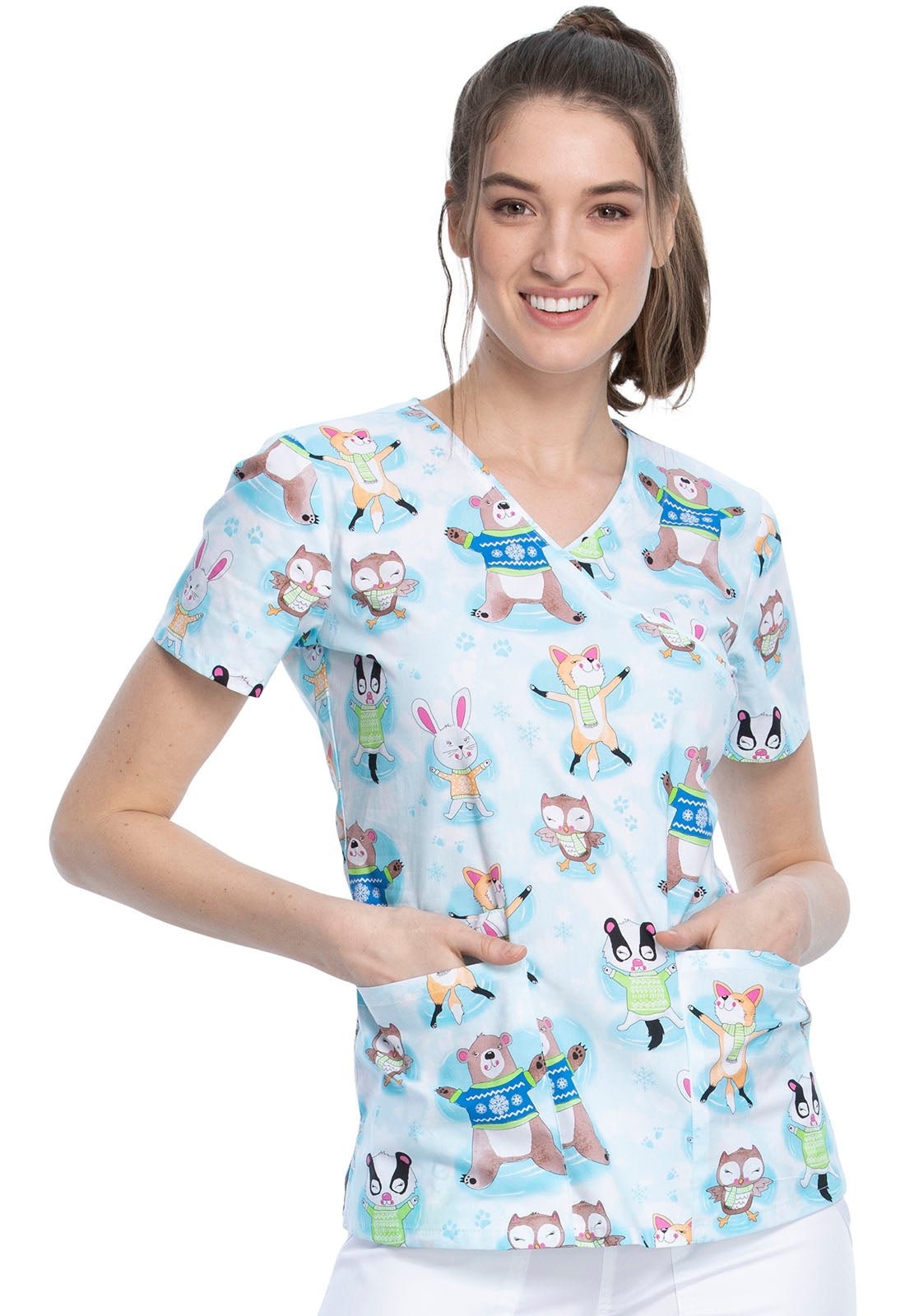 Animal Print Cherokee Mock Wrap Scrub Top CK614 WOOA - Scrubs Select