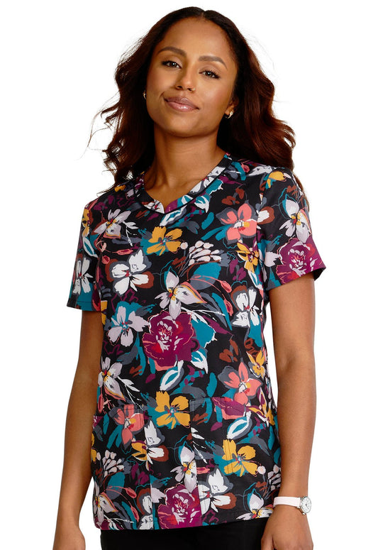 Artful Blooms Cherokee Floral Print V Neck Scrub Top CK678 ARBM - Scrubs Select