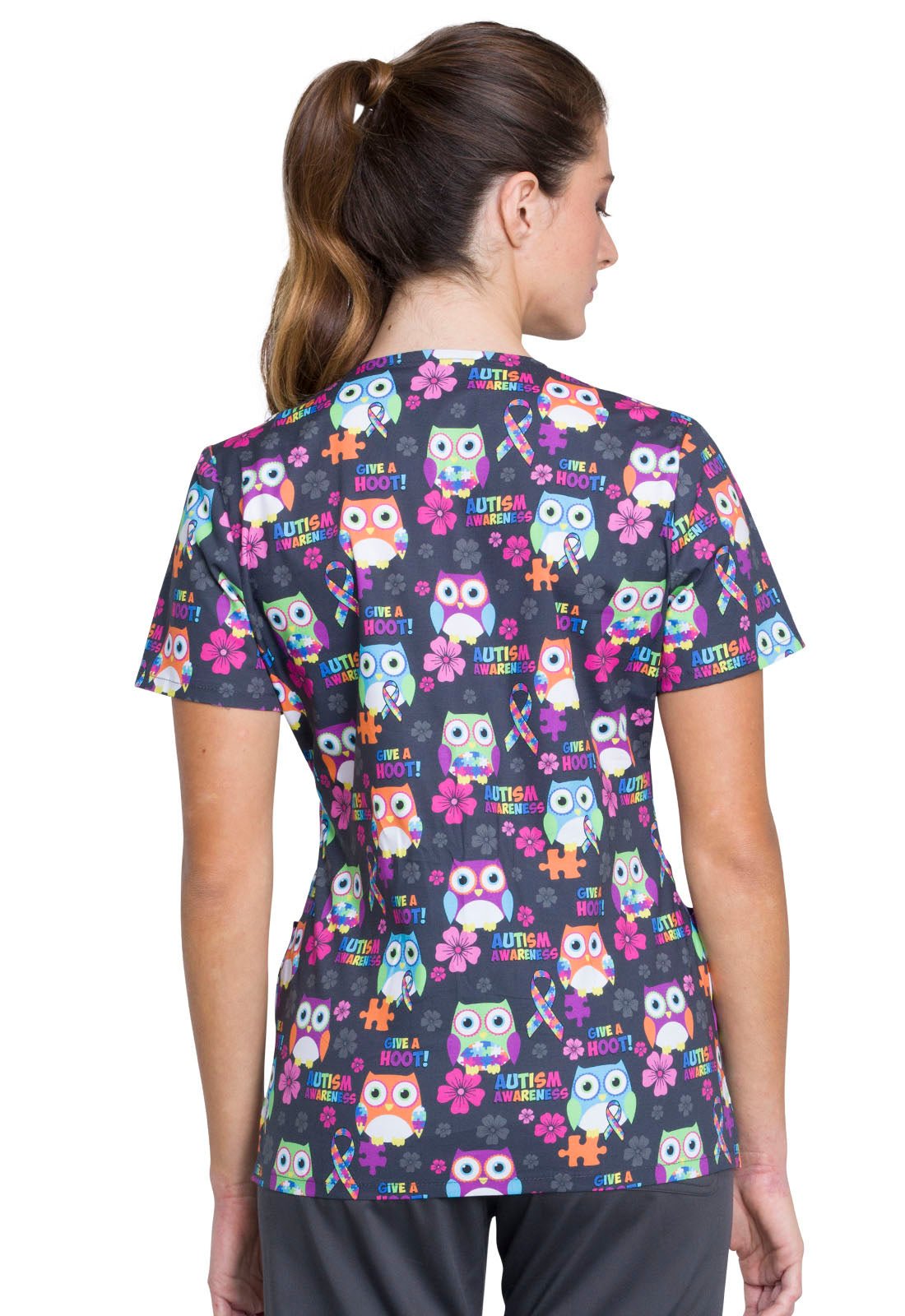 Autism Awareness Owls Cherokee Mock Wrap Scrub Top CK614 AUAW - Scrubs Select