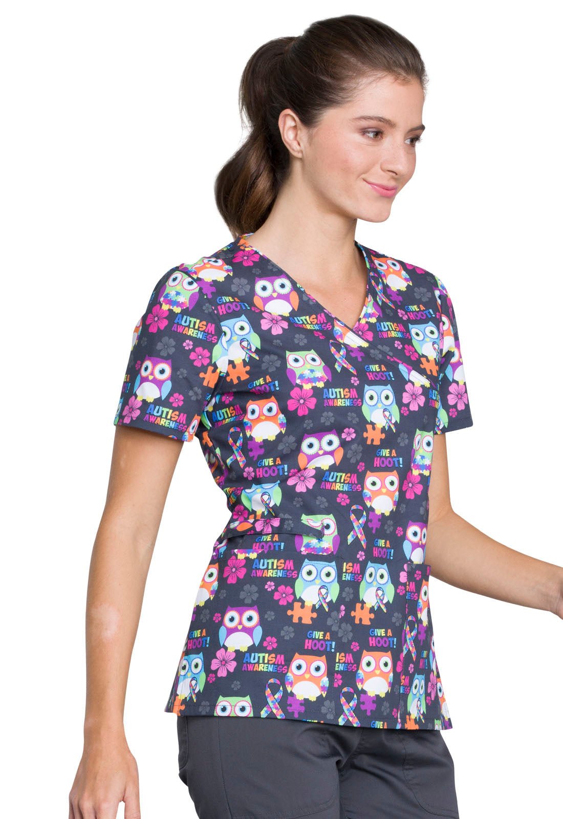 Autism Awareness Owls Cherokee Mock Wrap Scrub Top CK614 AUAW - Scrubs Select