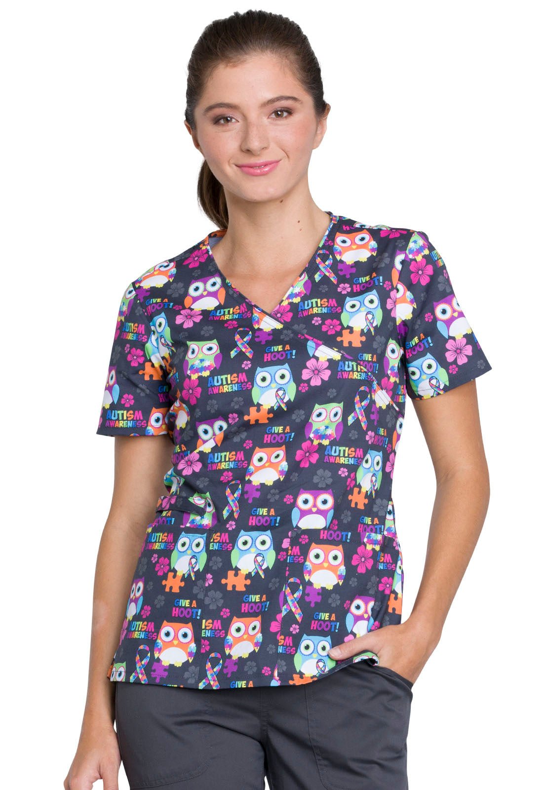 Autism Awareness Owls Cherokee Mock Wrap Scrub Top CK614 AUAW - Scrubs Select