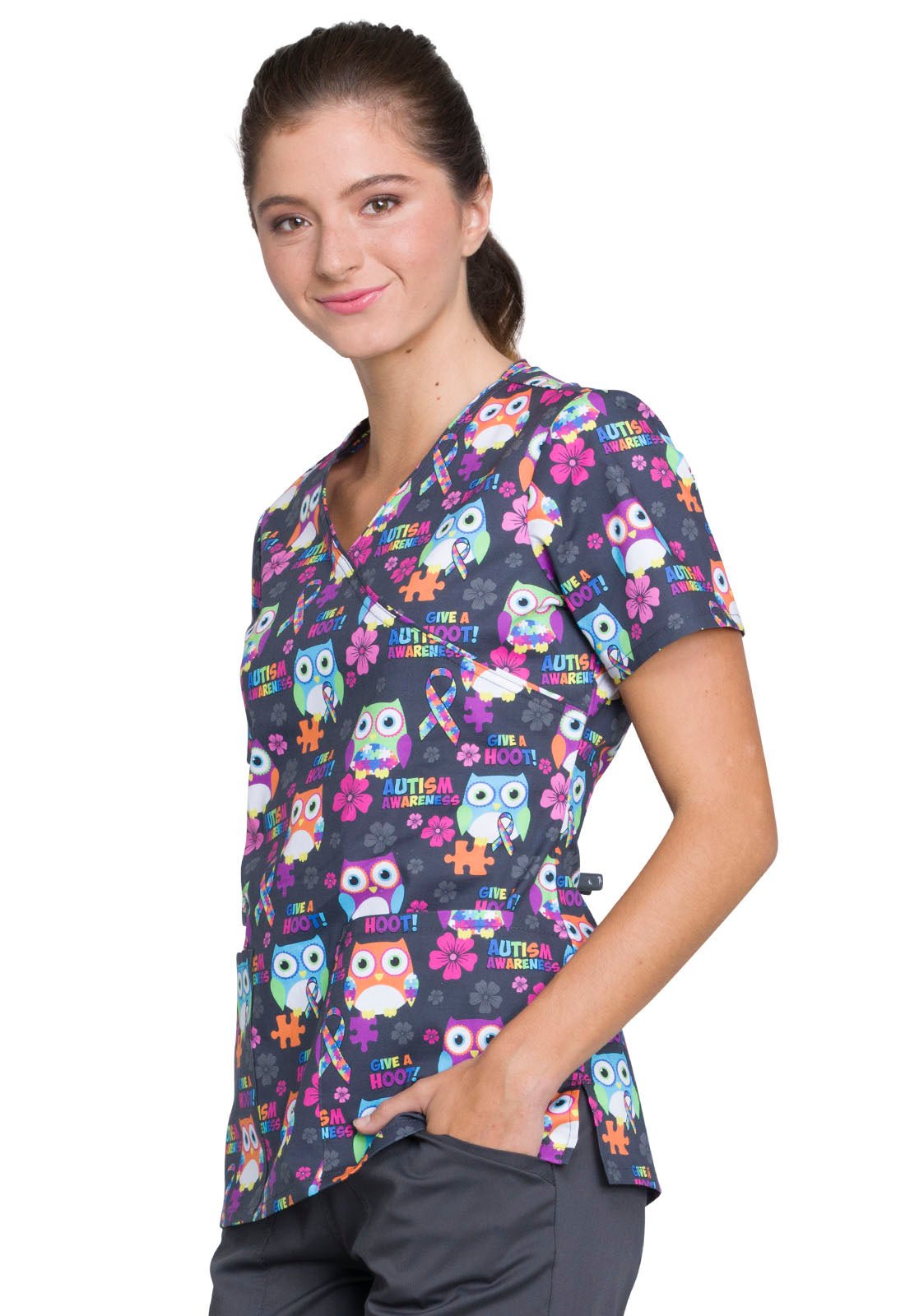 Autism Awareness Owls Cherokee Mock Wrap Scrub Top CK614 AUAW - Scrubs Select