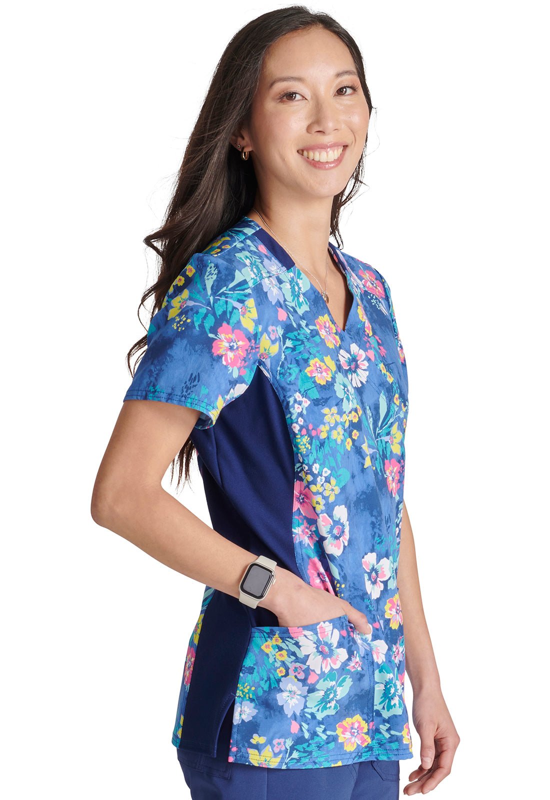 Blooming Tie Dye Cherokee iFlex Print Mock Wrap Knit Panel Scrub Top CK642 BMTD - Scrubs Select