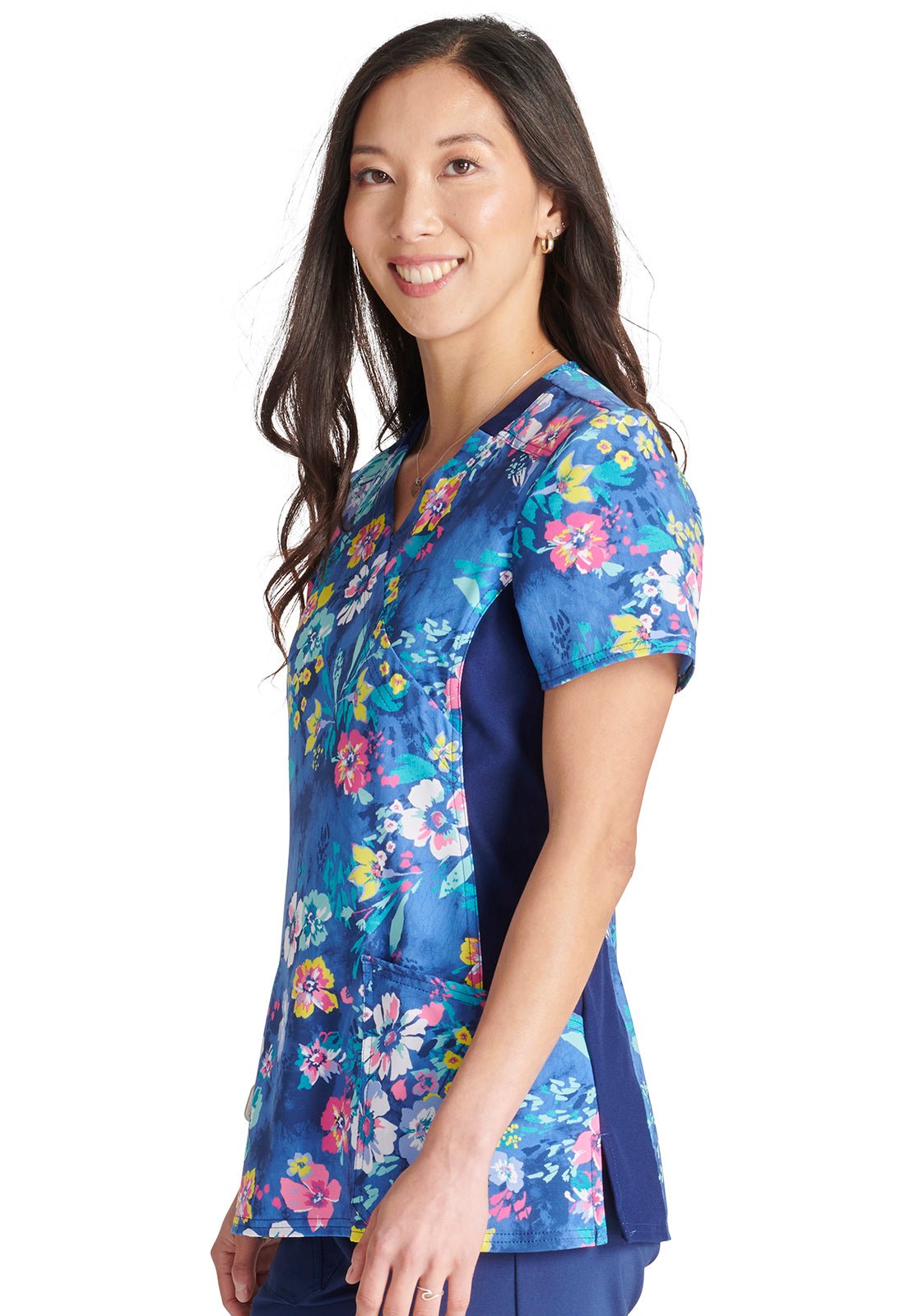 Blooming Tie Dye Cherokee iFlex Print Mock Wrap Knit Panel Scrub Top CK642 BMTD - Scrubs Select