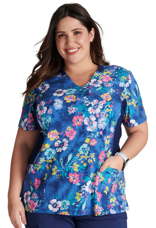 Blooming Tie Dye Cherokee iFlex Print Mock Wrap Knit Panel Scrub Top CK642 BMTD - Scrubs Select