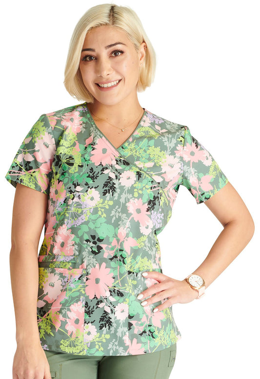 Botanics In Bloom Cherokee Floral Print Mock Wrap Scrub Top CK688 BOTB - Scrubs Select