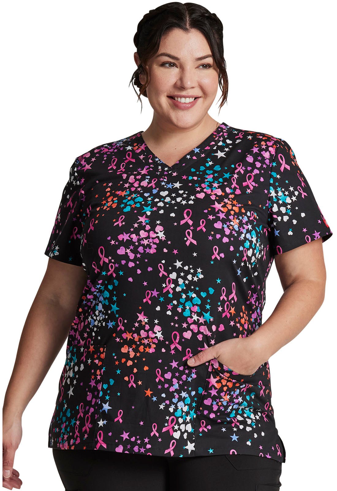 Breast Cancer Awareness Dickies Print V Neck Scrub Top DK708 CASR - Scrubs Select