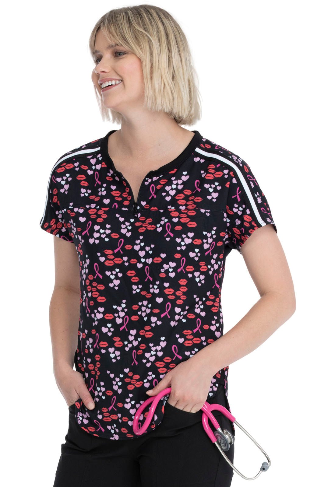 Breast Cancer Awareness Heartsoul Print Round Neck Scrub Top HS831 LVHP - Scrubs Select