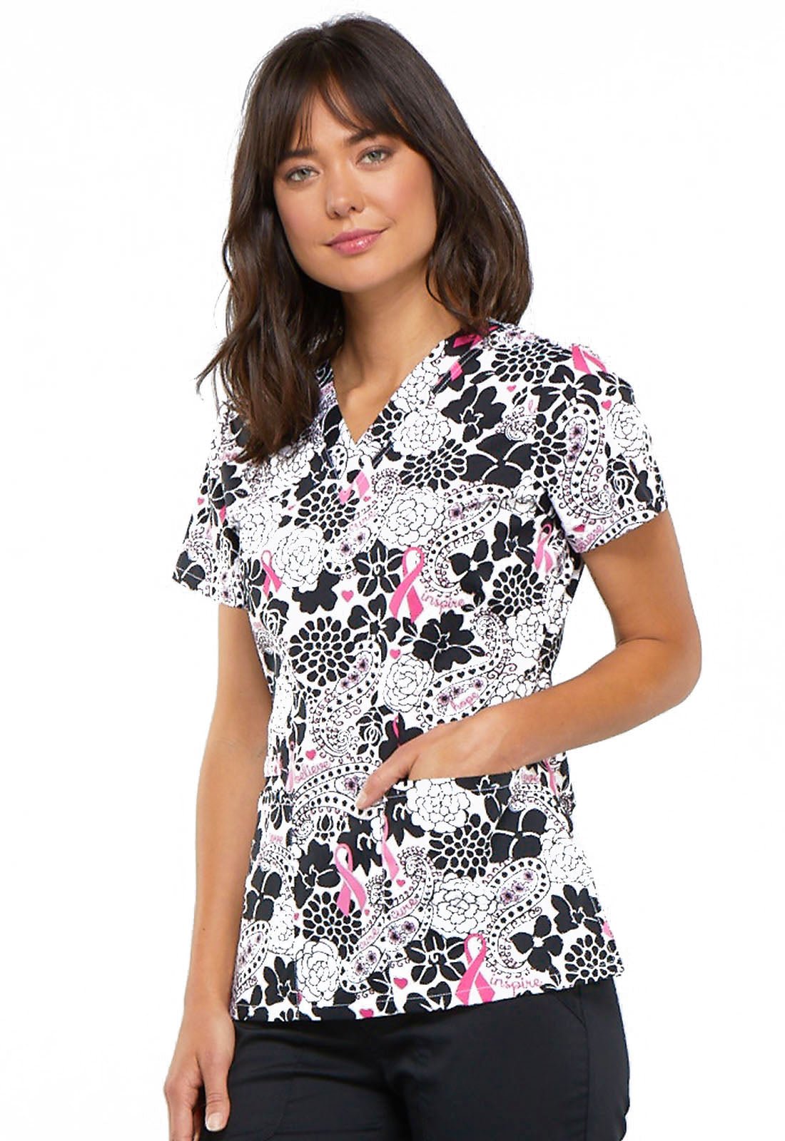 Breast Cancer Awareness V Neck Scrub Top CK616 PYLV - Scrubs Select