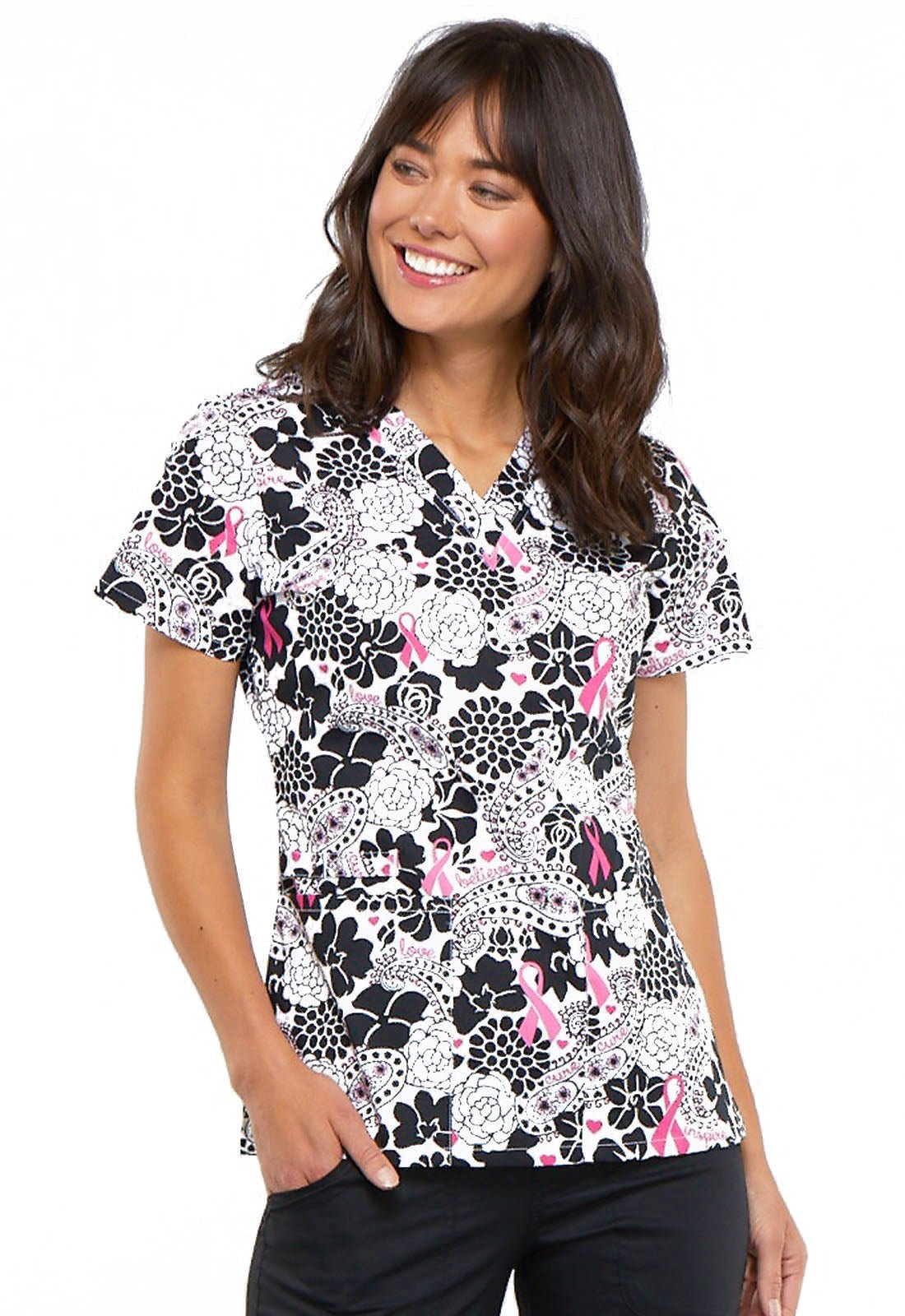 Breast Cancer Awareness V Neck Scrub Top CK616 PYLV - Scrubs Select