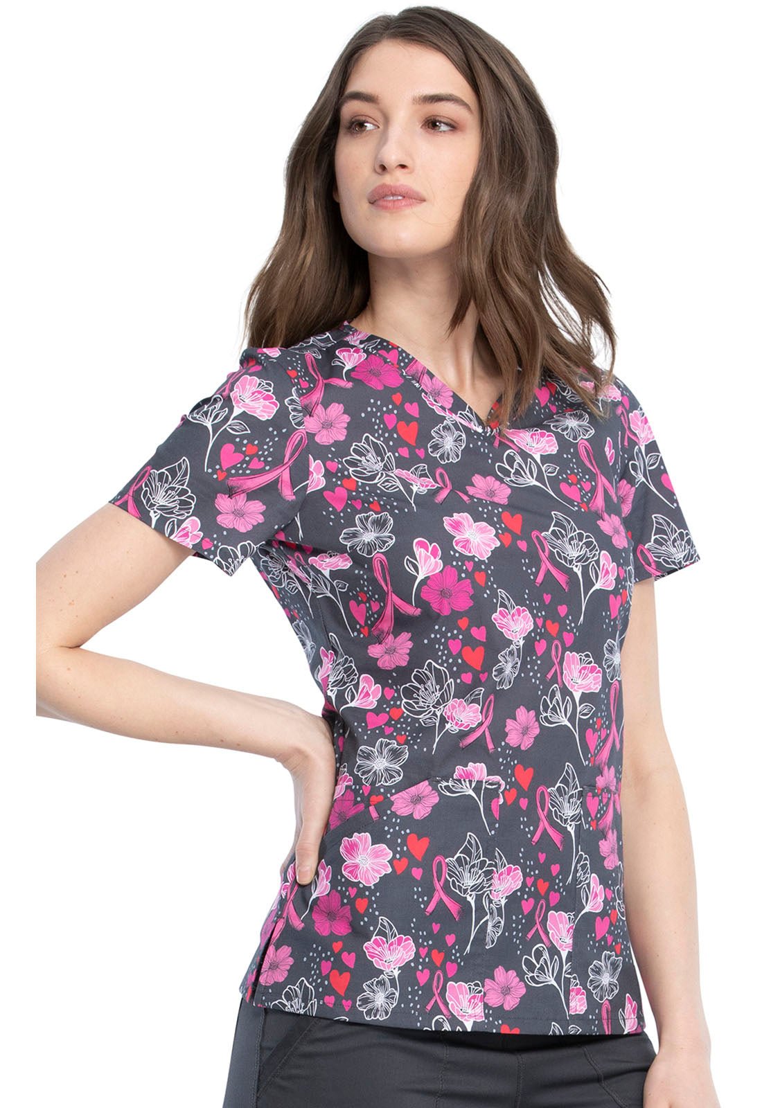 Breast Cancer Cherokee Awareness Print V Neck Scrub Top CK646 LOFA - Scrubs Select