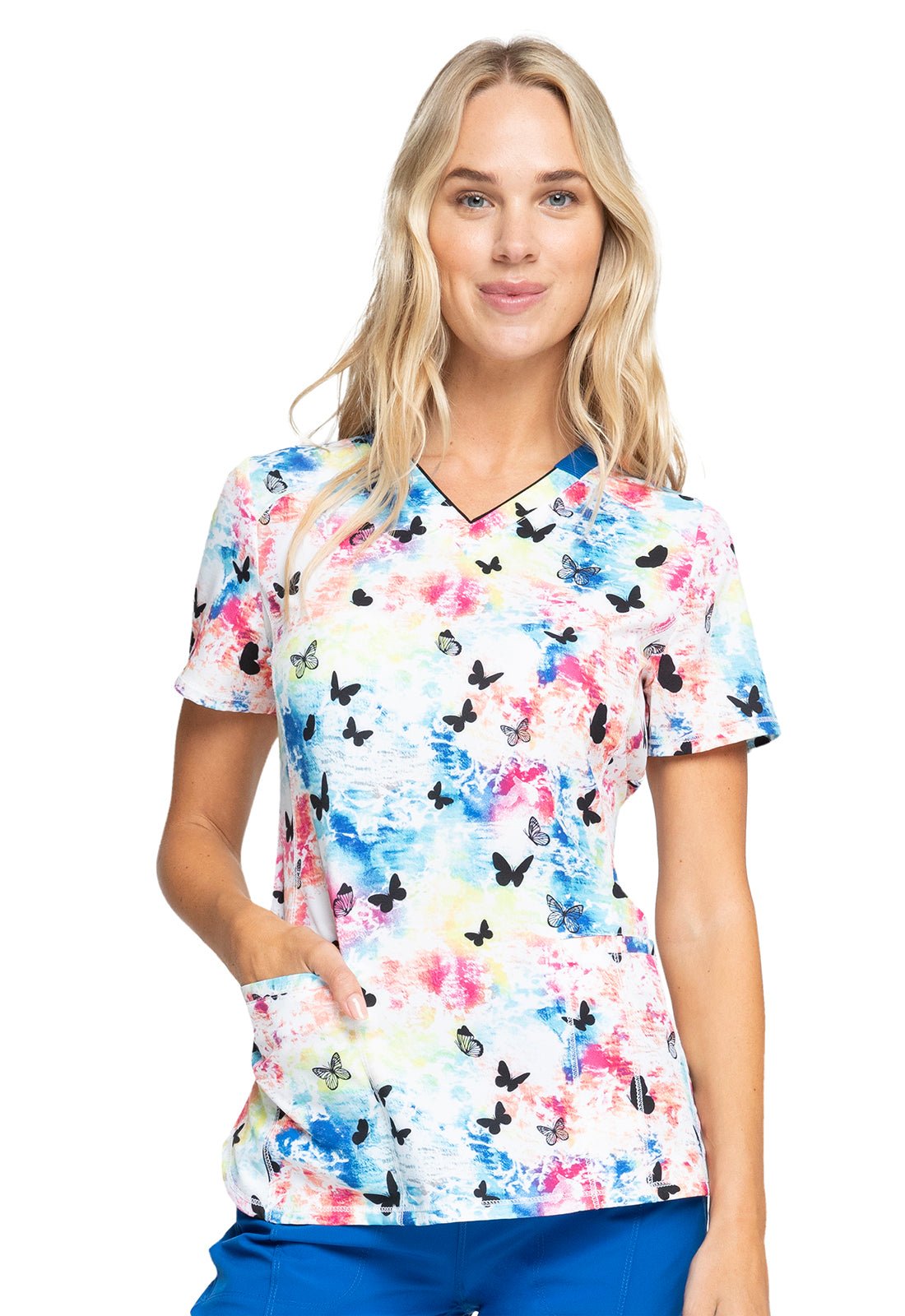 Butterfly Cherokee Infinity Print V Neck Scrub Top CK634 RWFT - Scrubs Select