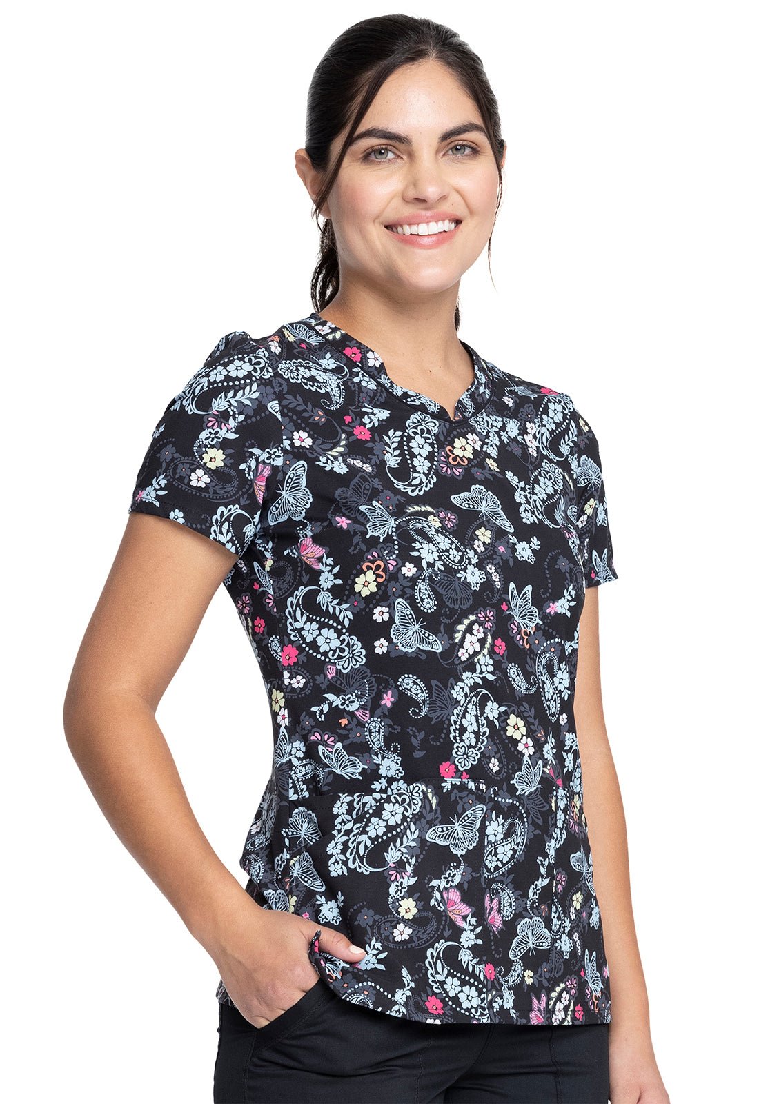 Butterfly Cherokee Print V Neck Scrub Top CK678 FUBM - Scrubs Select