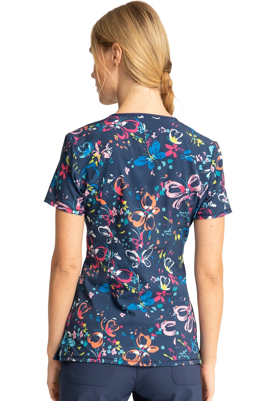 Butterfly Floral Cherokee Infinity Print Round Neck Scrub Top CK609 FUPO - Scrubs Select