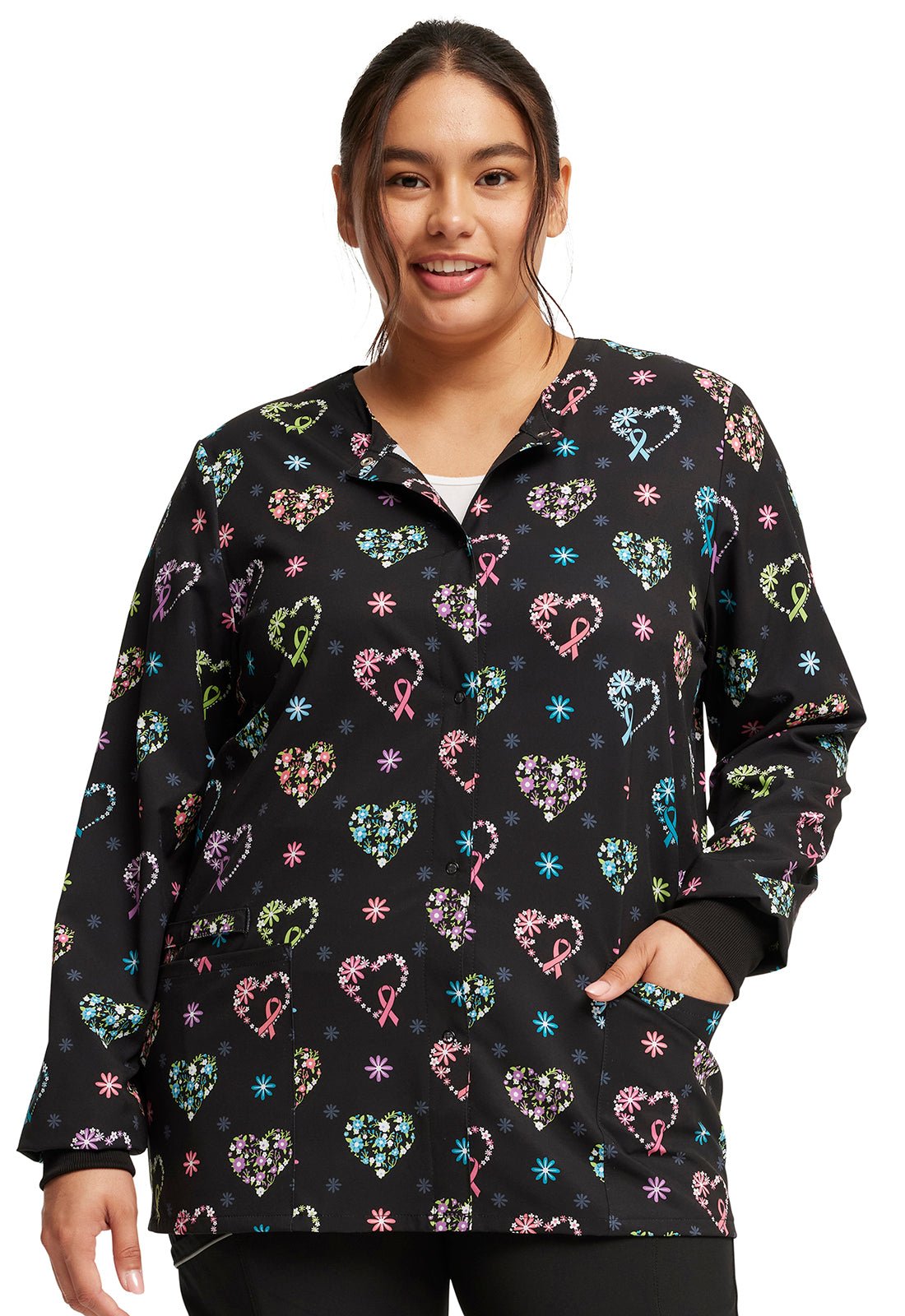 Care Flor-All Cherokee All Awareness Print Warm Up Scrub Jacket CK321 CRFO - Scrubs Select