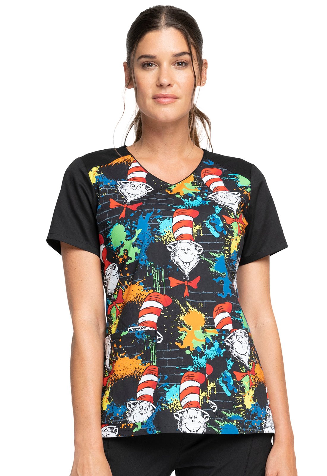 Cat in The Hat Cherokee Tooniforms Licensed Dr Seuss V Neck Medical Scrub Top TF632 SEFF - Scrubs Select