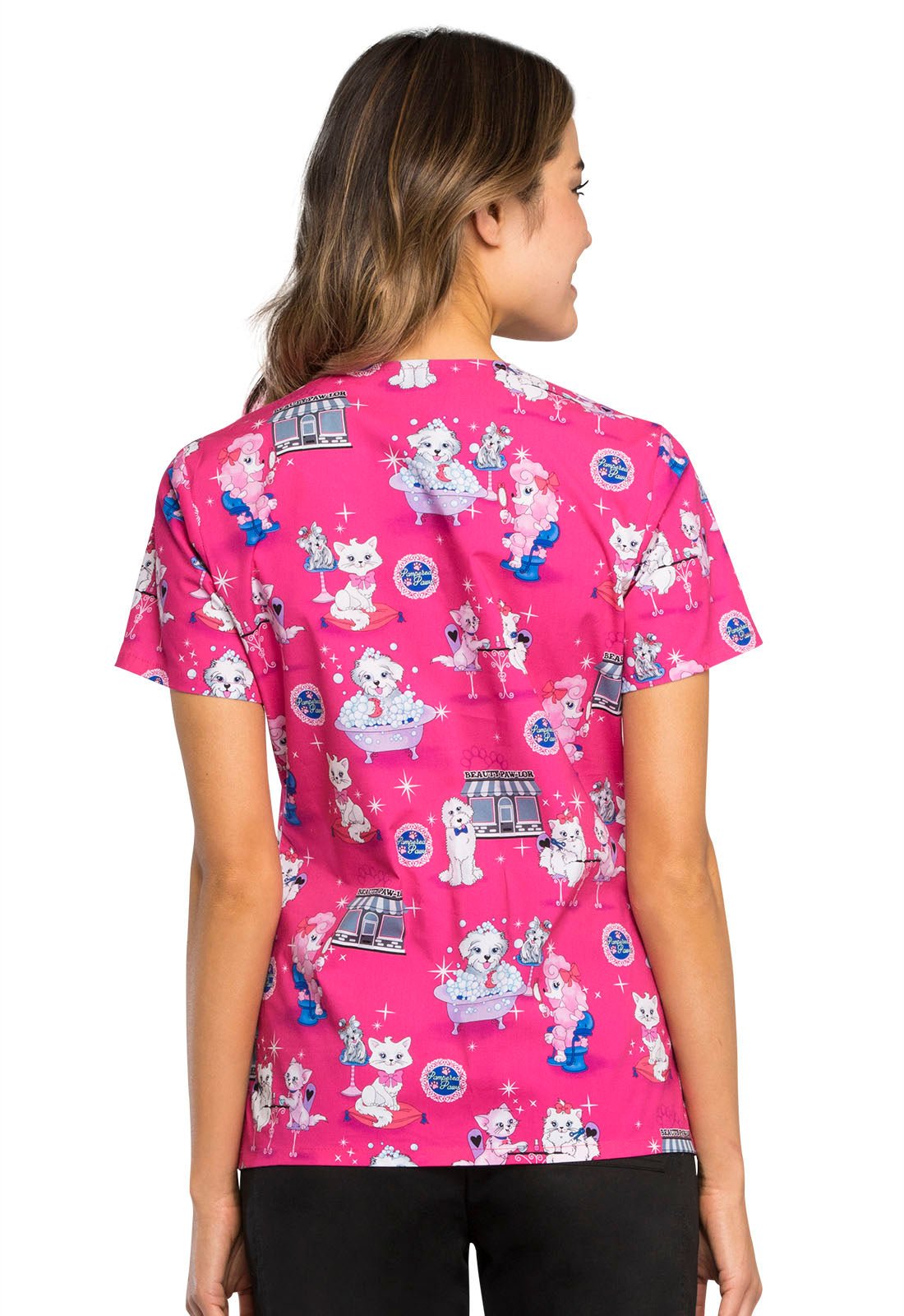 Cat Print Cherokee Mock Wrap Scrub Top CK614 BTPL - Scrubs Select