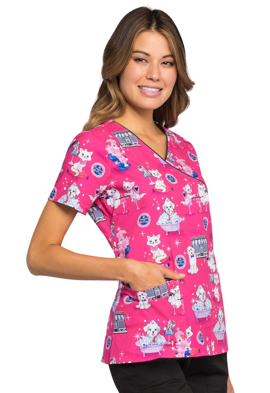 Cat Print Cherokee Mock Wrap Scrub Top CK614 BTPL - Scrubs Select