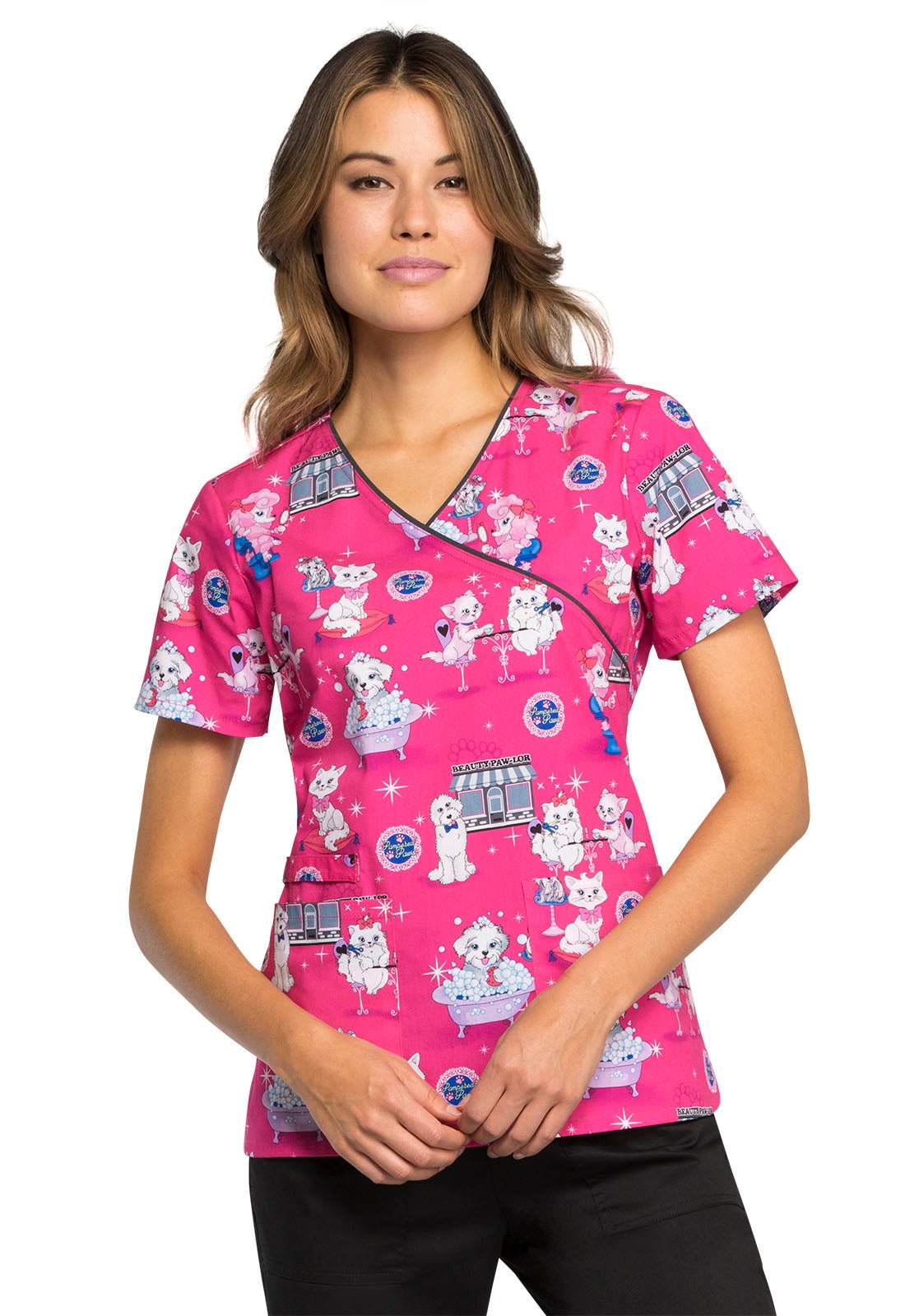 Cat Print Cherokee Mock Wrap Scrub Top CK614 BTPL - Scrubs Select