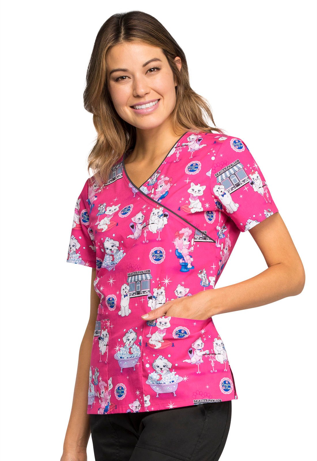 Cat Print Cherokee Mock Wrap Scrub Top CK614 BTPL - Scrubs Select