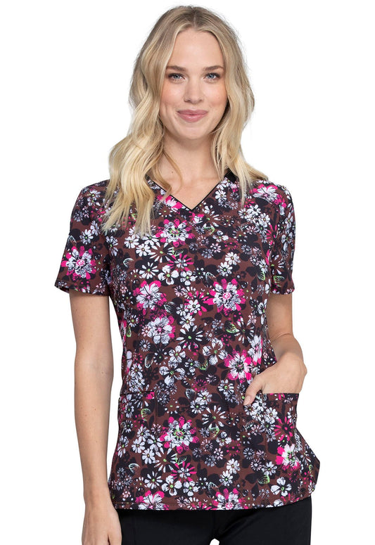 Cherokee Infinity Floral Print V Neck Scrub Top CK634 NTBO - Scrubs Select