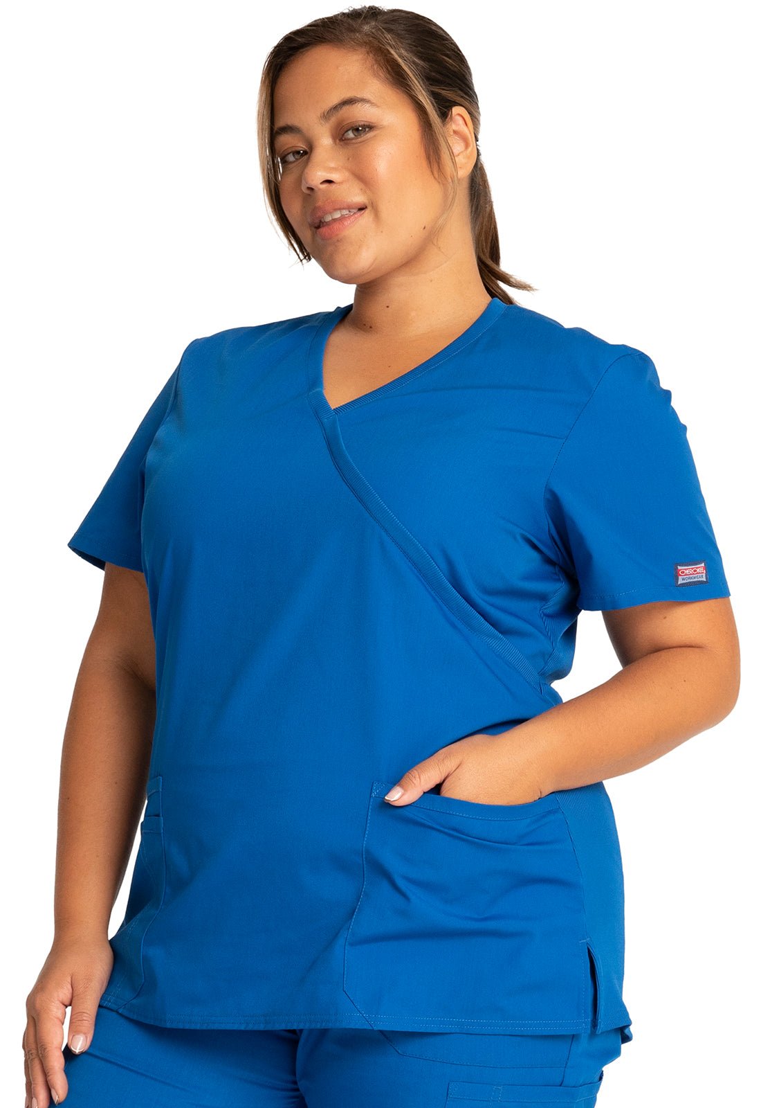 Cherokee WW Originals Scrub Mock Wrap Top WW650 in Black, Caribbean, Navy, Pewter, Royal, Wine - Scrubs Select