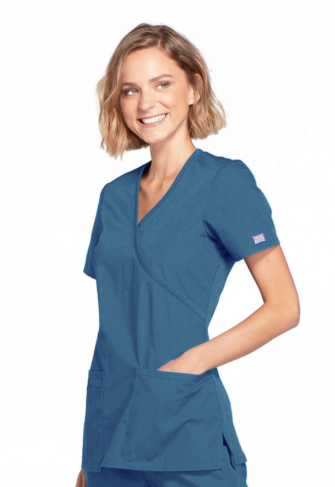 Cherokee WW Originals Scrub Mock Wrap Top WW650 in Black, Caribbean, Navy, Pewter, Royal, Wine - Scrubs Select