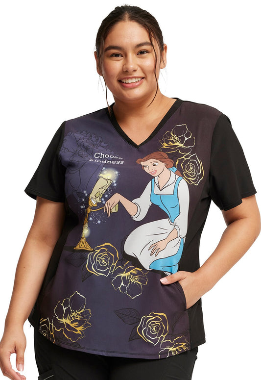 Choose Kindness Tooniforms Disney Beauty and the Beast V Neck Scrub Top TF782 BEDK - Scrubs Select