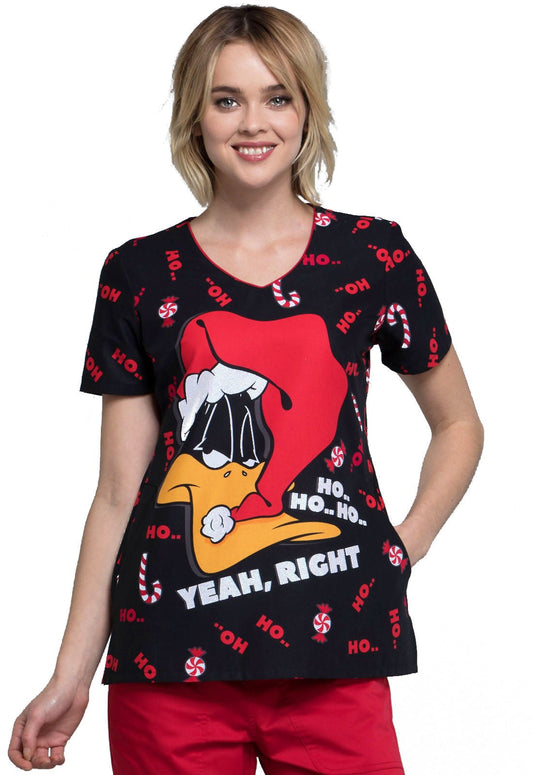 Daffy Duck Tooniforms Licensed Looney Tunes Christmas V Neck Scrub Top TF626 LTAFC - Scrubs Select