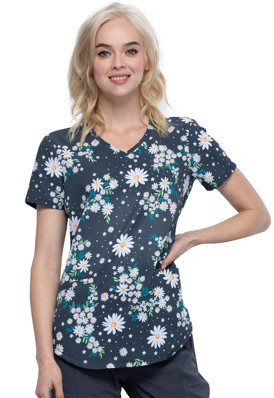 Daisy Print Cherokee V Neck Scrub Top CK637 DYDR - Scrubs Select