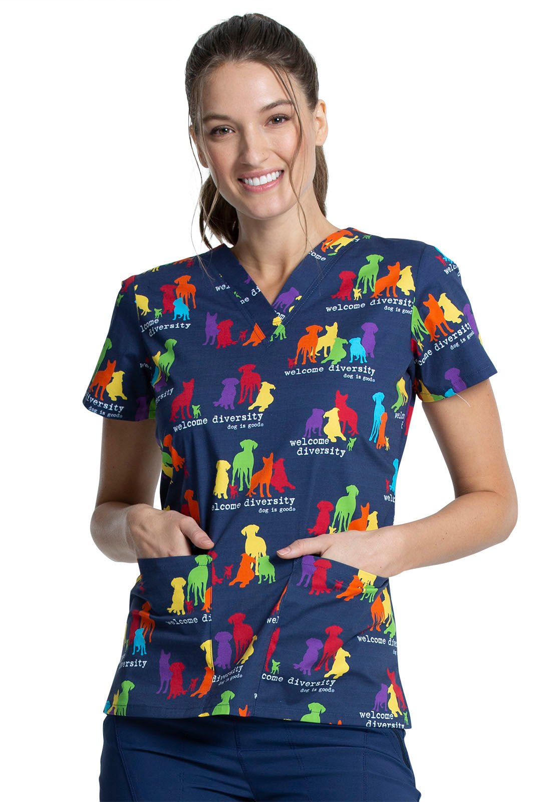 Dog Print V Neck Dog Is Good Scrub Top CK616 OGWD - Scrubs Select